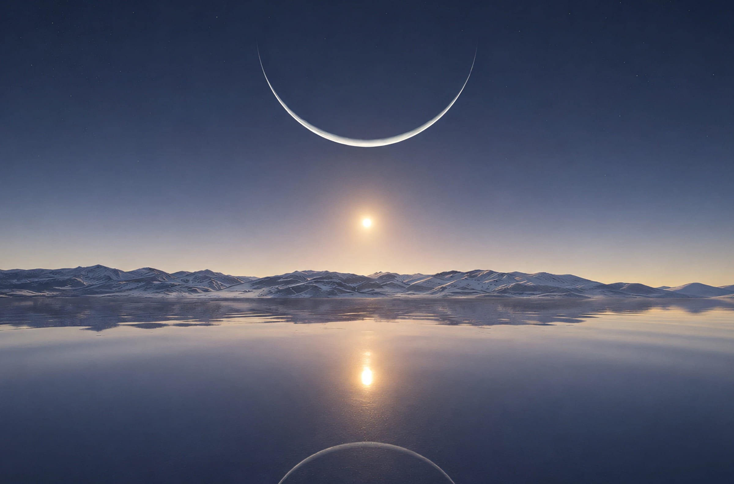 Abstract circular rhythm graphic beside a reflective landscape featuring a crescent moon and glowing horizon above calm water, representing circadian cycles and natural rhythms.